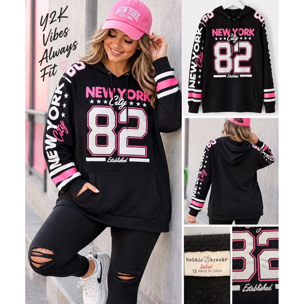 Bobbie Brooks Women 1X Black New York City 82 Graphic Hoodie Pullover Pink Stars